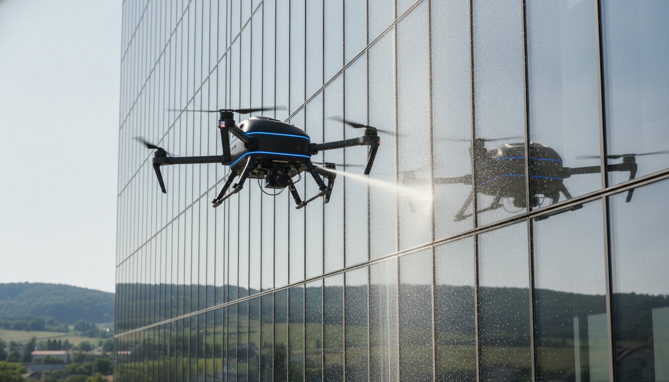 Automated cleaning drone spraying a high-rise glass facade with a precision water jet