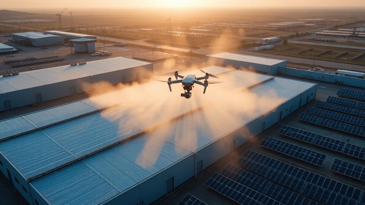 Cleaning drone spraying soft-wash mist over an industrial warehouse roof and solar array at sunset