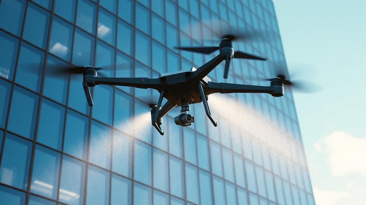 Cleaning drone washing the glass facade of a modern office tower