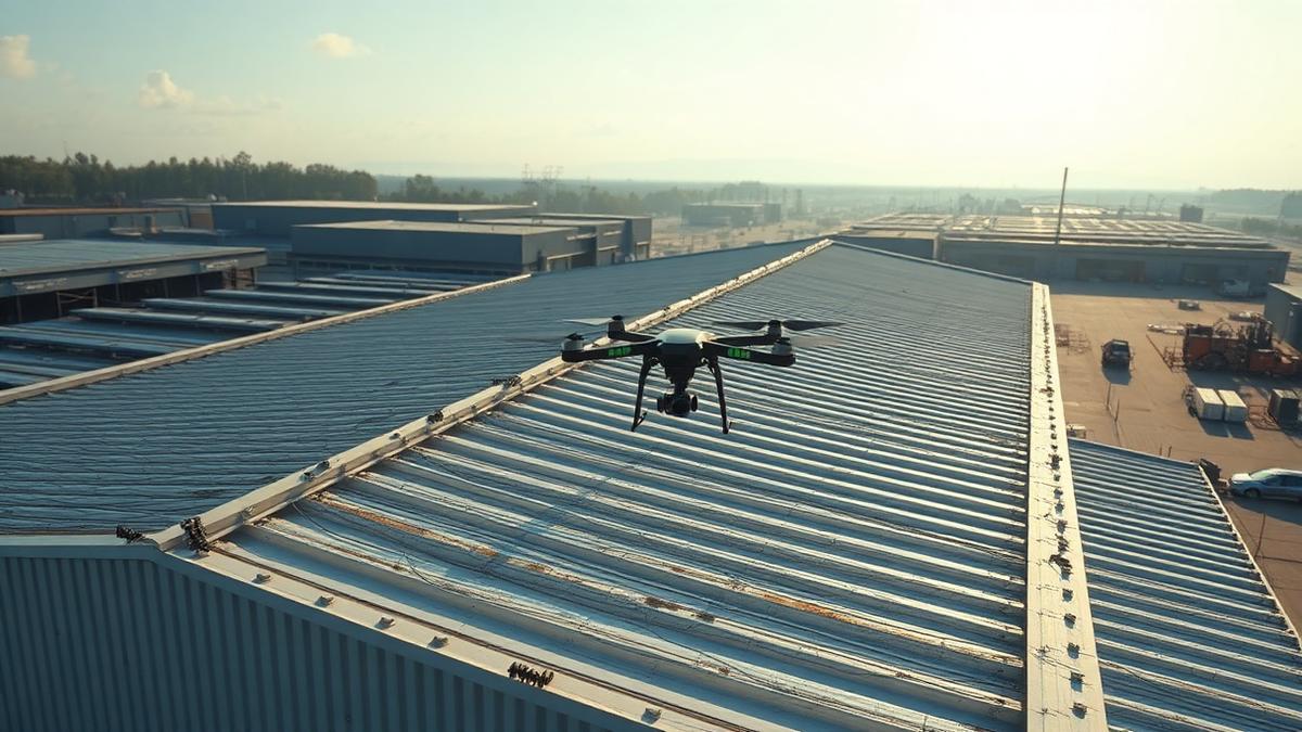 Drone view of a large warehouse roof with marked sections for maintenance
