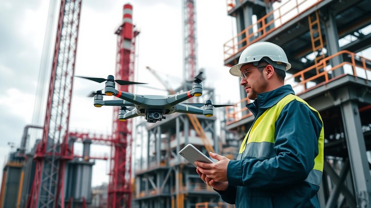 Technician with a tablet operating an inspection drone beside industrial steel structures