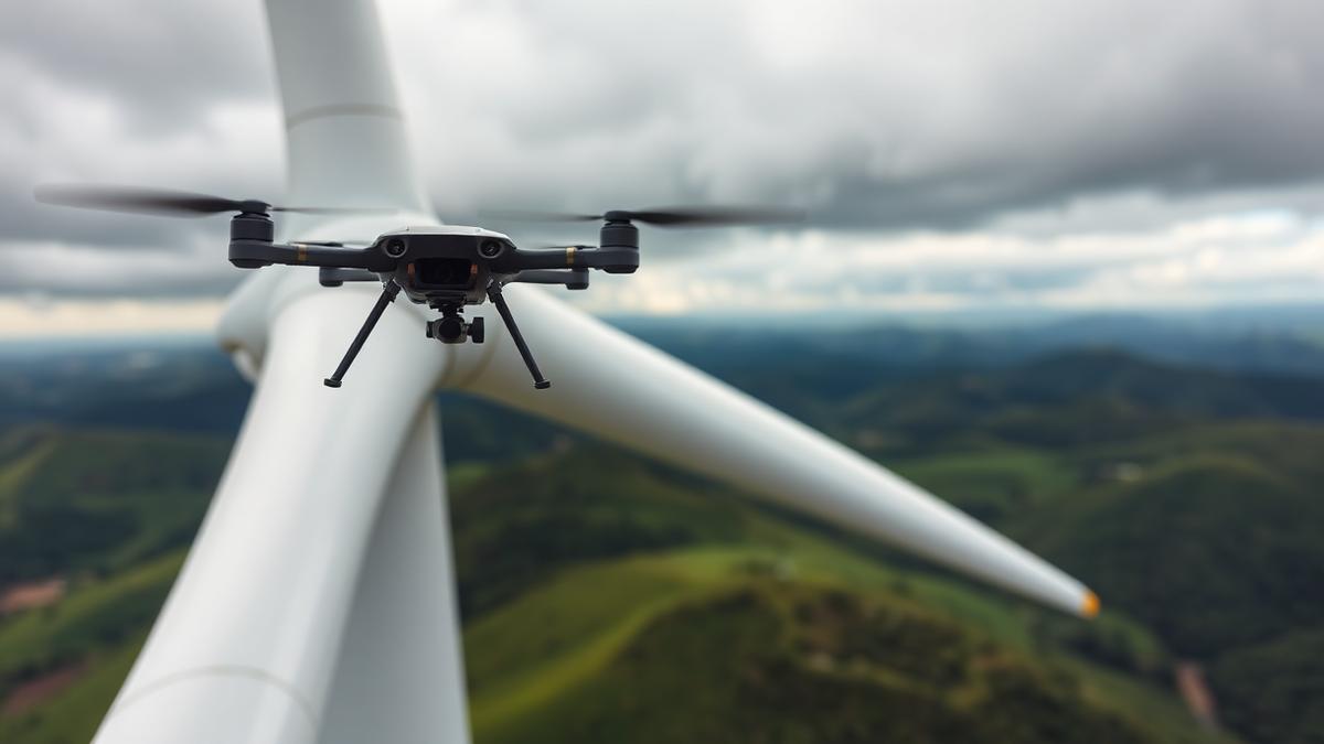 Inspection drone hovering next to a large white wind turbine blade